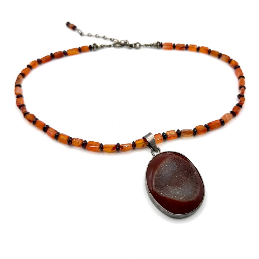 Vintage 90s Sterling Silver Carnelian Druzy Geode Pendant Necklace